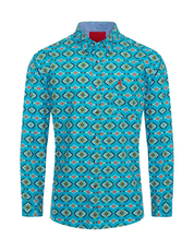 Men's Aztec Rodeo Shirts Long Sleeve Turquoise / Red