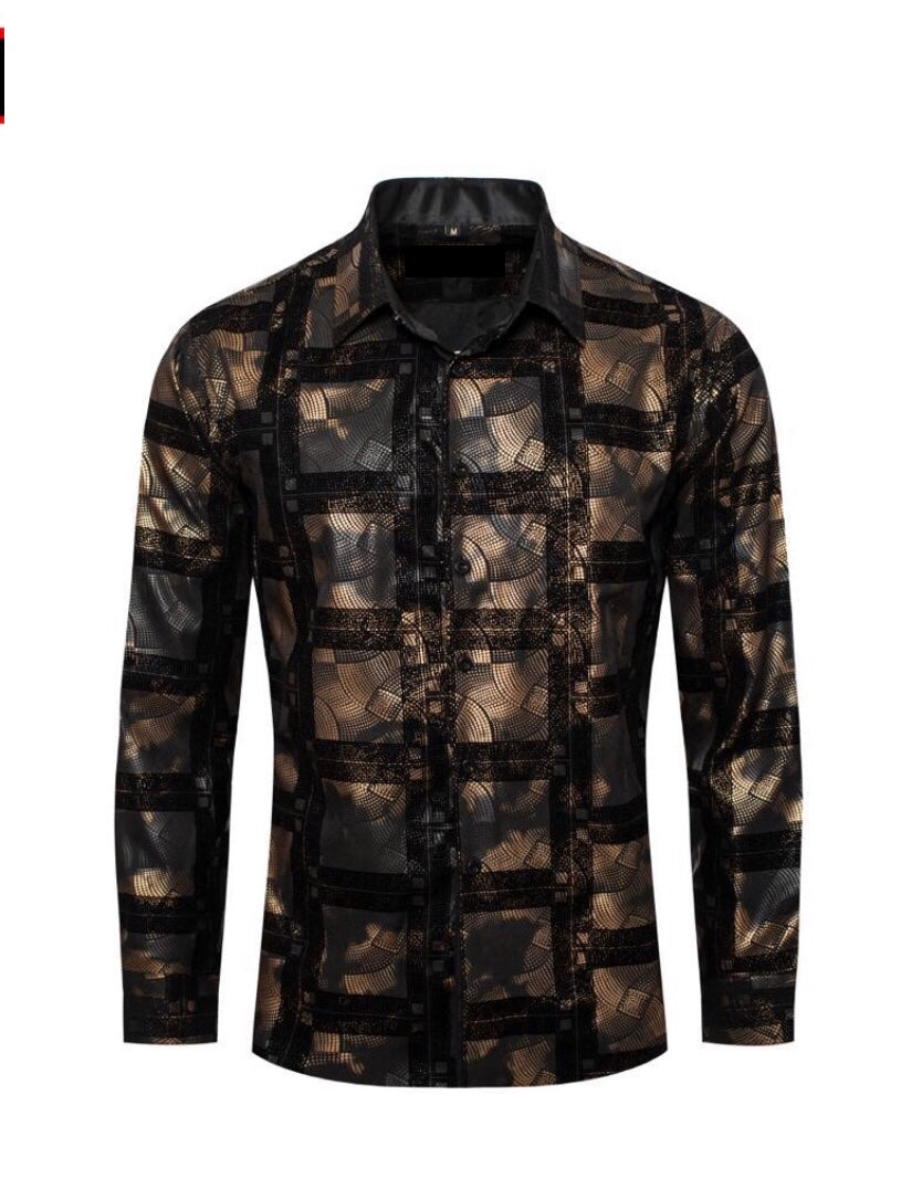 Men's Fashion Shirts Long Sleeve Black/Gold Soft Texture
