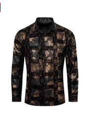 Men's Fashion Shirts Long Sleeve Black/Gold Soft Texture