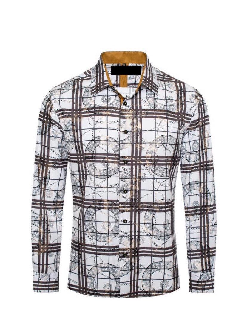 Men's Fashion Shirts Long Sleeve White/Gold Rounds