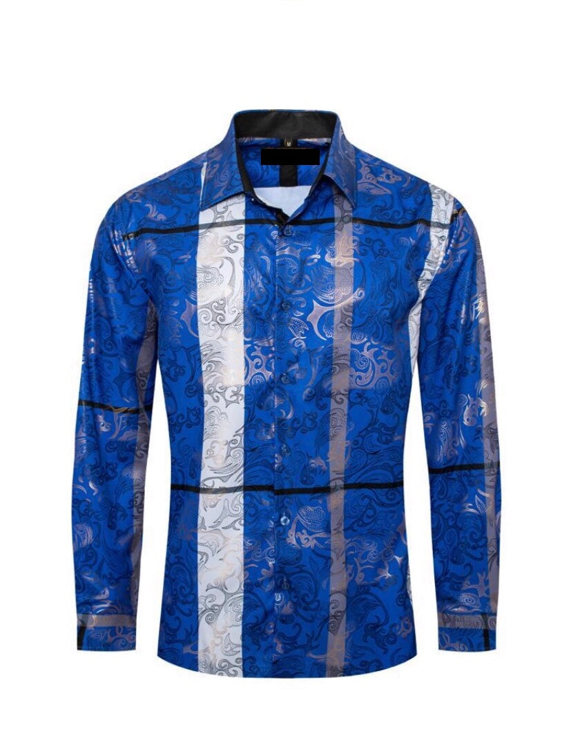Men's Fashion Shirts Long Sleeve Blue/Grey/ White Divided Shapes