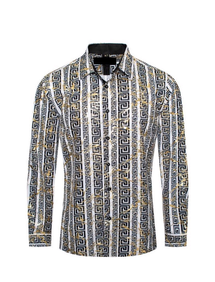 Men's Fashion Shirts Long Sleeve White/Black Gold Texture