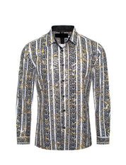 Men's Fashion Shirts Long Sleeve White/Black Gold Texture