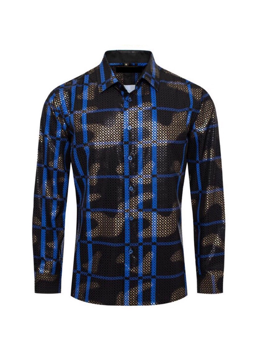 Men's Fashion Shirts Long Sleeve Black/Blue Stripes