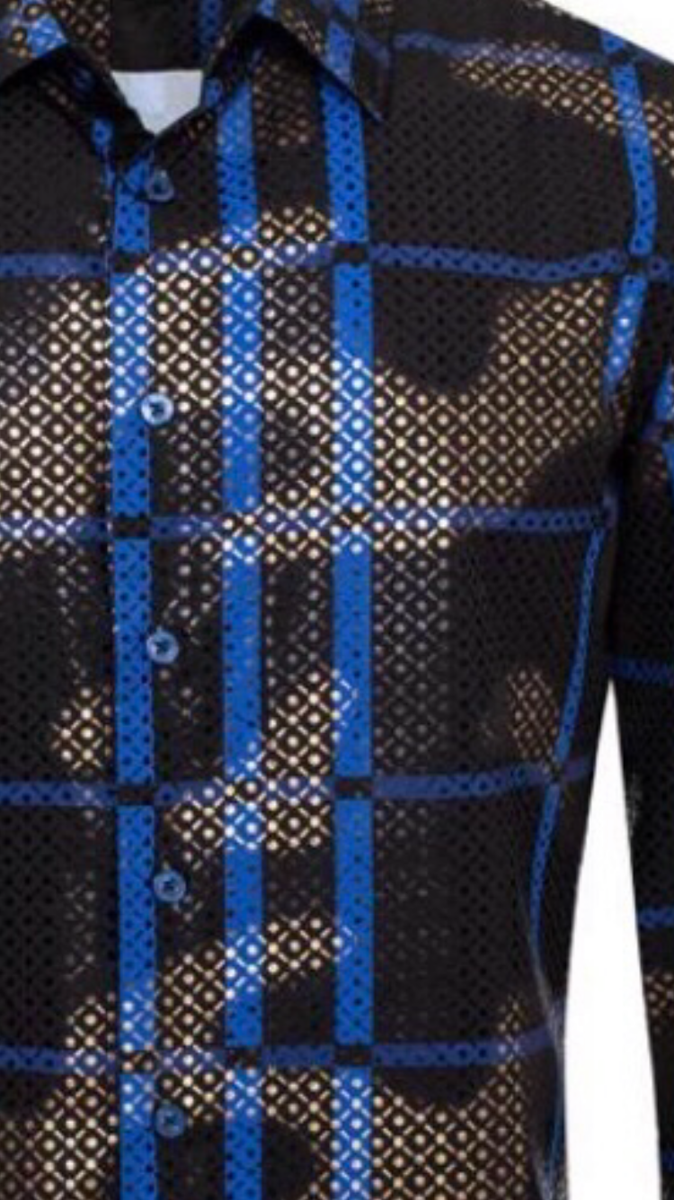 Men's Fashion Shirts Long Sleeve Black/Blue Stripes
