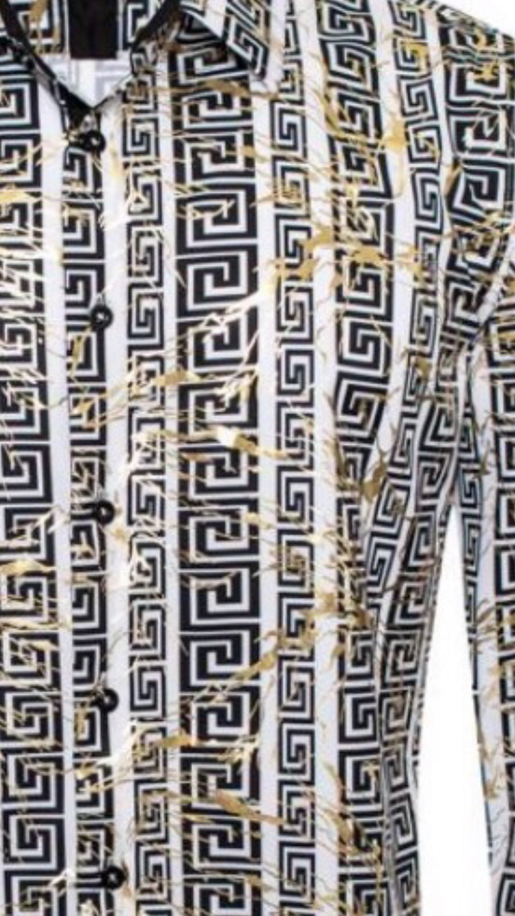 Men's Fashion Shirts Long Sleeve White/Black Gold Texture