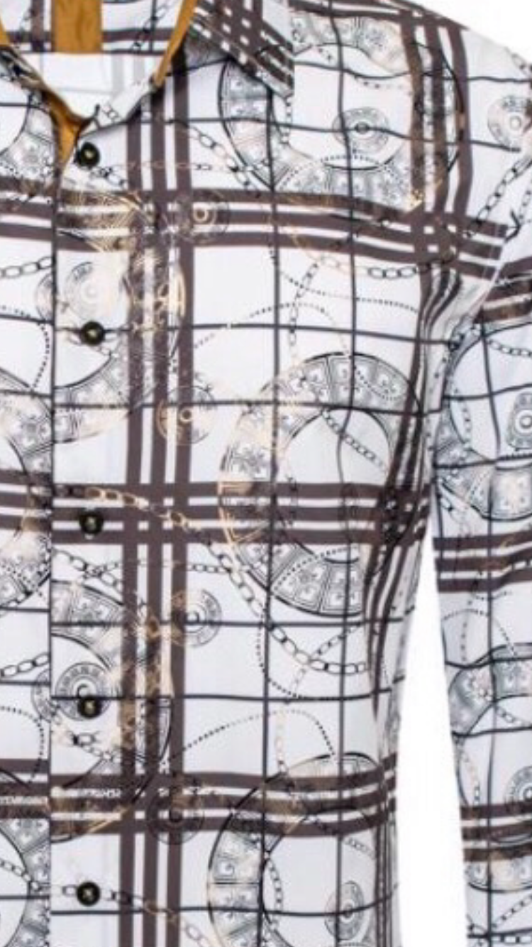 Men's Fashion Shirts Long Sleeve White/Gold Rounds