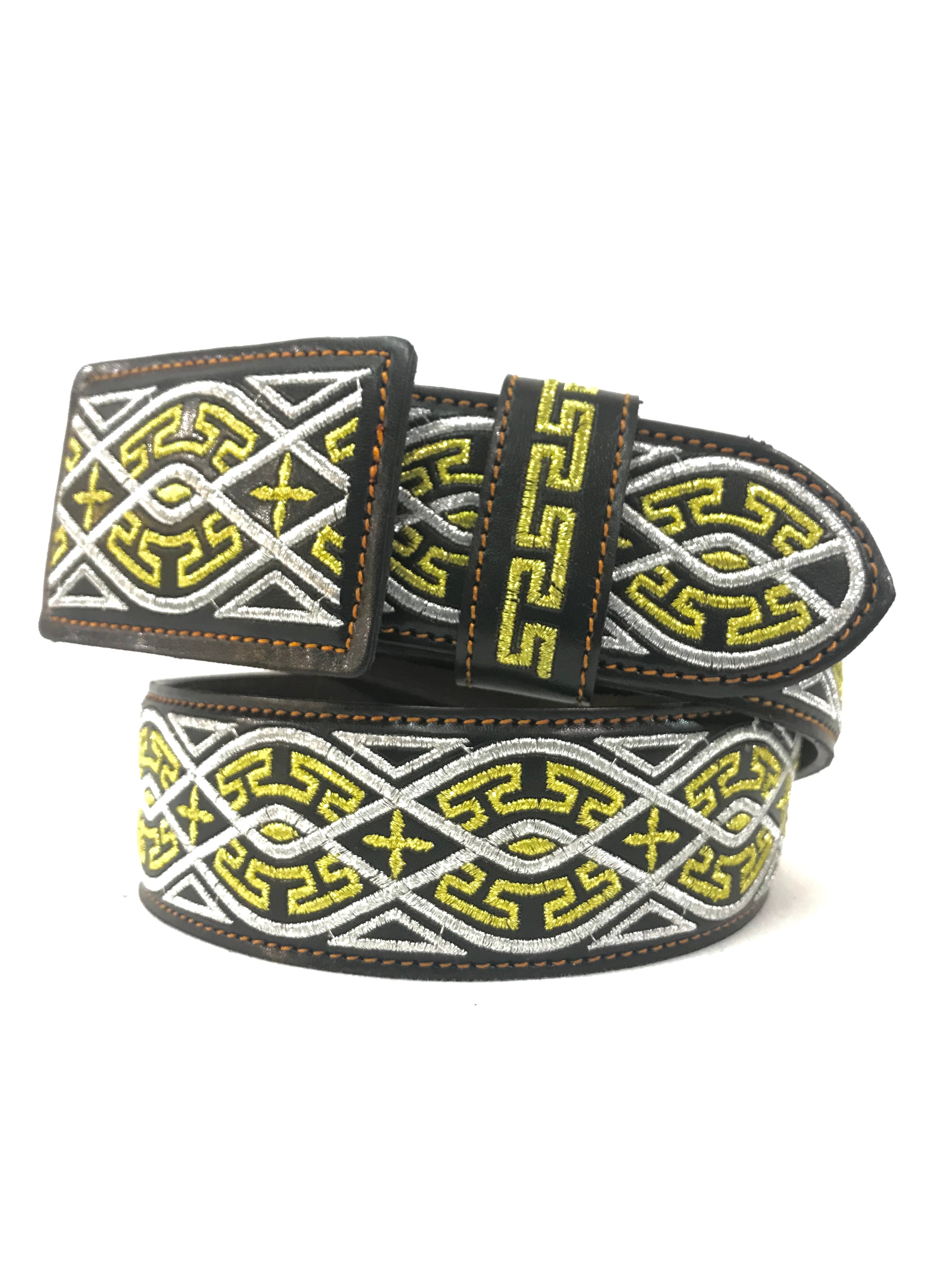 Men's Western Silver/Gold Embroidered +Belt Imitation